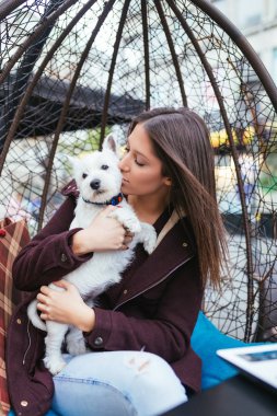 Güzel genç kadın sevimli westie köpek yavrusu ile kafeteryada zevk.