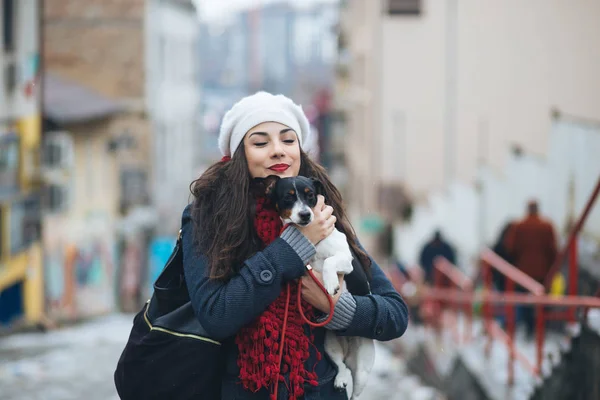 Beautiful Young Brunette Woman Enjoying City Street Outdoor Together Her — Stock Photo, Image