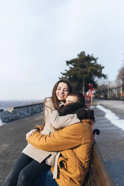 Beautiful Young Couple Love Enjoying Together Hugging While Man Giving — Stock Photo, Image