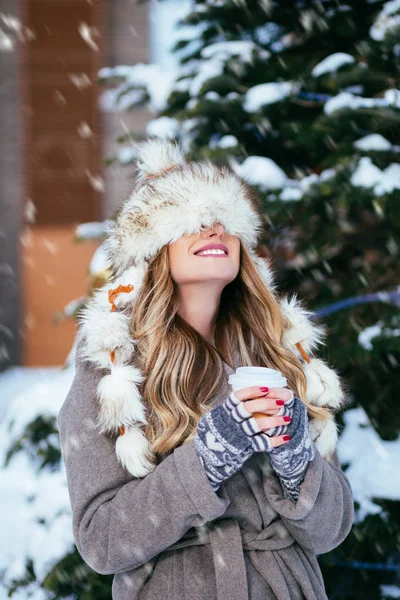 Winter Portrait Beautiful Woman Holding Coffee Winter Snowy Day — Stock Photo, Image