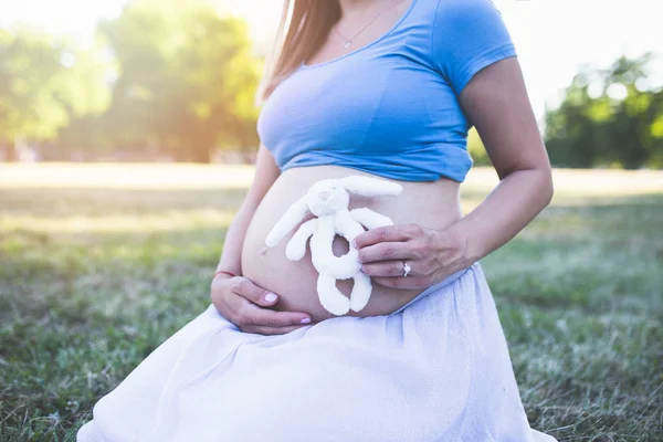 Jovem Mulher Grávida Sentada Grama Parque Segurando Brinquedo Bonito Bebê — Fotografia de Stock