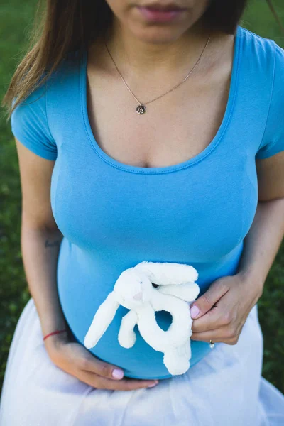 Młoda Kobieta Ciąży Siedząc Trawie Parku Przytrzymując Zabawka Ładny Biały — Zdjęcie stockowe