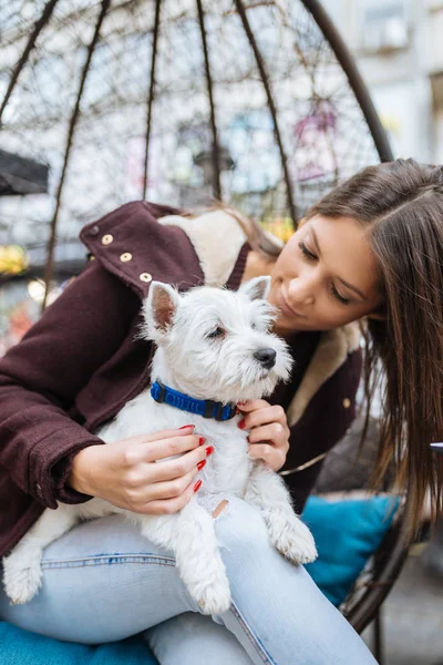 Güzel genç kadın sevimli westie köpek yavrusu ile kafeteryada zevk.