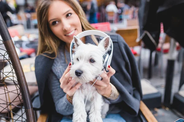 Schattig Westie Pup Luisteren Naar Muziek Met Eigenaar Cafetaria — Stockfoto