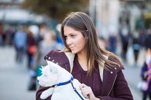 彼女の愛らしい西高地白テリア子犬と屋外で楽しむ美しい若い女性 — ストック写真