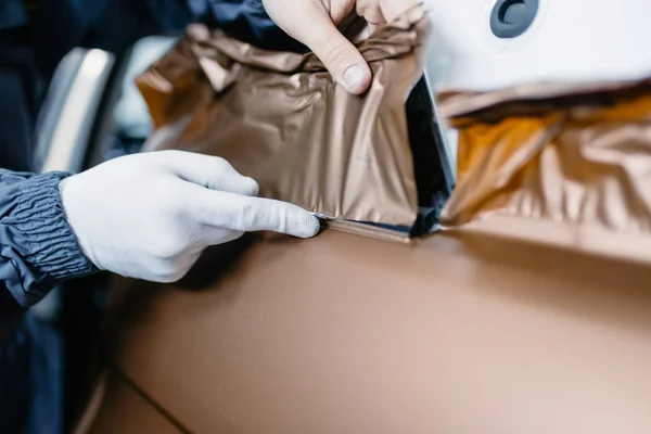 Car Wrapping Specialist Putting Vinyl Foil Film Car Selective Focus — Stock Photo, Image