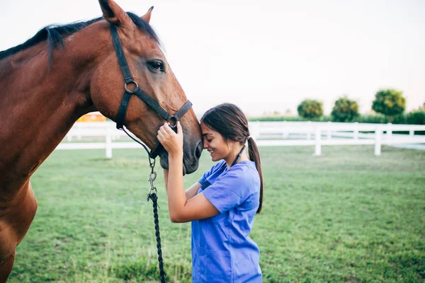 Vet Hugging Horse Outdoors Ranch — Stock Photo, Image