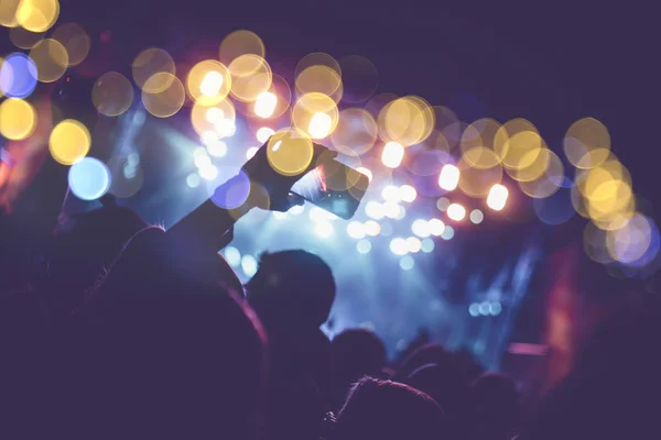 Unrecognizable people at concert. Stage lights, colorful effects.