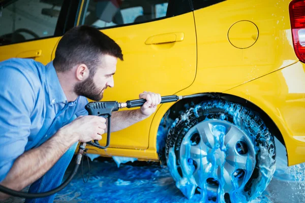 Man Cleaning Car Sponge Using Blue Foam Car Detailing Valeting — Stock Photo, Image
