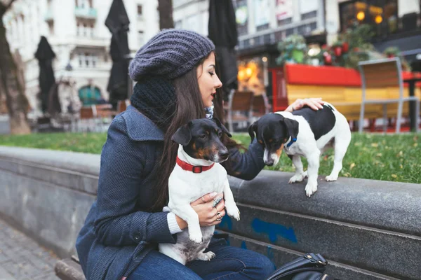 Fashionable Young Girl Dogs City Street — Stock Photo, Image
