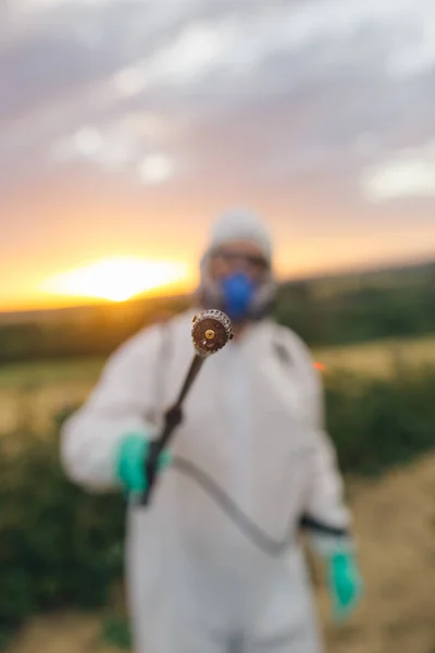 Agriculture Lutte Antiparasitaire Jeune Travailleur Exploitant Pulvérisateur Pour Pulvériser Des — Photo