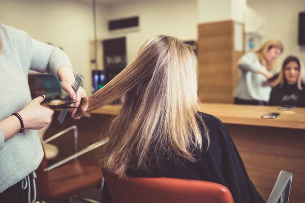 Close Dari Seorang Wanita Salon Rambut Mendapatkan Potongan Rambutnya Oleh — Stok Foto