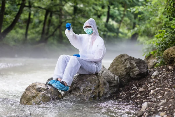 Scientist Protective Suite Taking Water Samples River — Stock Photo, Image