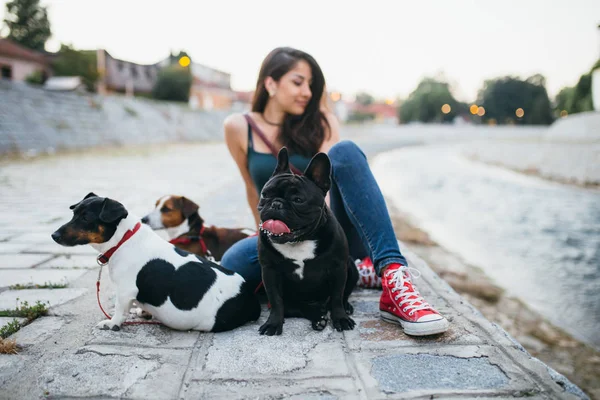 都市の川の隣で屋外で楽しむ犬と犬の歩行者 — ストック写真