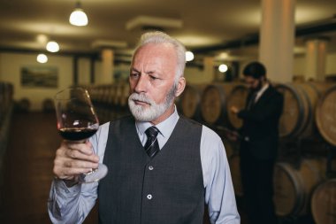 Şarap mahzenindeki şarap üreticileri ellerinde bir kadeh şarap tutup kontrol ediyorlar. Şarap garsonları şaraphanedeki şarapları test ediyor..