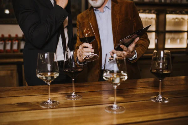 Winemakers Wine Cellar Holding Glass Wine Checking Sommeliers Testing Wines — ストック写真