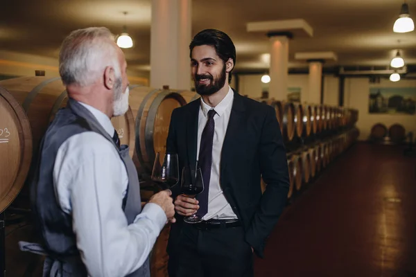 Winemakers Wine Cellar Holding Glass Wine Checking Sommeliers Testing Wines — ストック写真