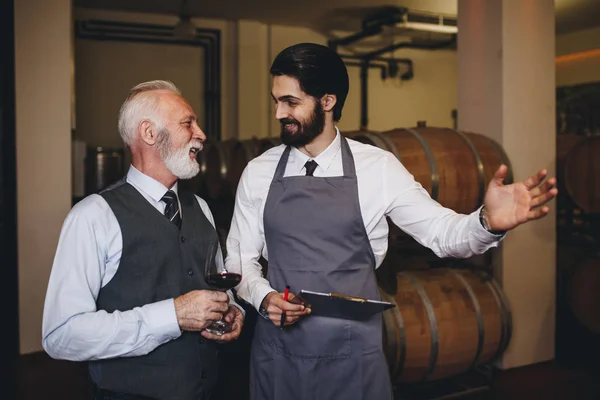 Winemakers Wine Cellar Holding Glass Wine Checking Sommeliers Testing Wines — ストック写真