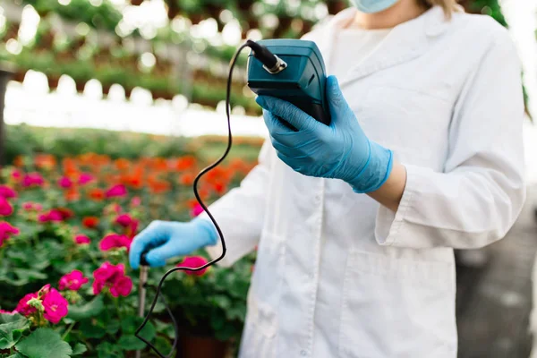 Beautiful Young Woman Working Plant Nursery Holding Soil Meter — Stock Photo, Image
