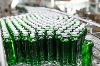 Şişeleme tesisi - Yeşil cam şişeler içine saf kaynak suyu işleme ve şişeleme için su şişeleme hattı. Seçici odaklama. 