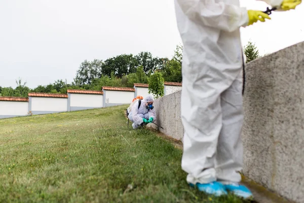 作業中の屋外の駆除機は 噴霧剤で農薬を吹き付けます — ストック写真