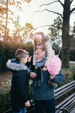 Mutlu dedesi şehir parkında torunları ile eğleniyor.