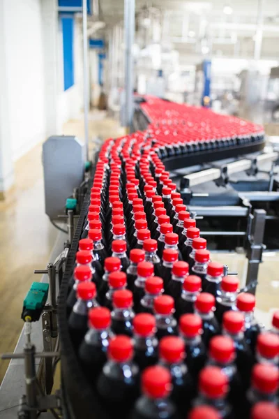 Bottling factory - Black juice bottling line for processing and bottling juice into bottles. Selective focus.