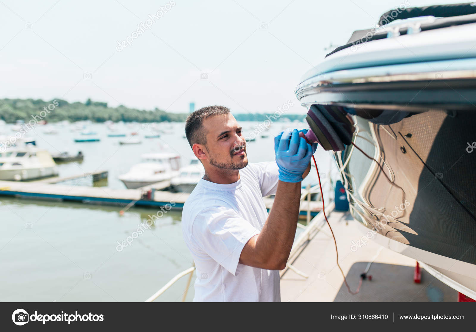 Boat Maintenance Man Orbital Polisher Polishing Boat Marina Selective