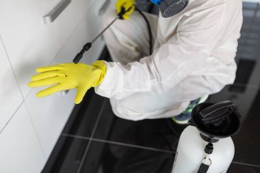 İşteki ilaçlamacı ilaçla ilaçlama yapıyor. Seçici odak.