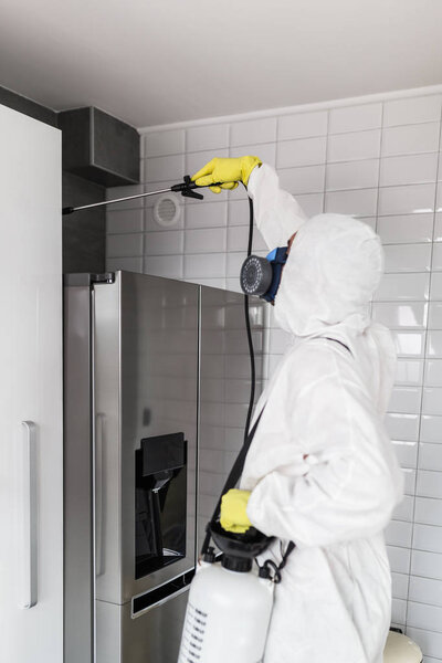 Уничтожитель на работе изнашивает пестициды распылителем. Селективный фокус
.