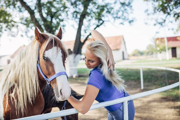 Atraktivní Mladá Blondýnka Těší Svým Krásným Koněm — Stock fotografie