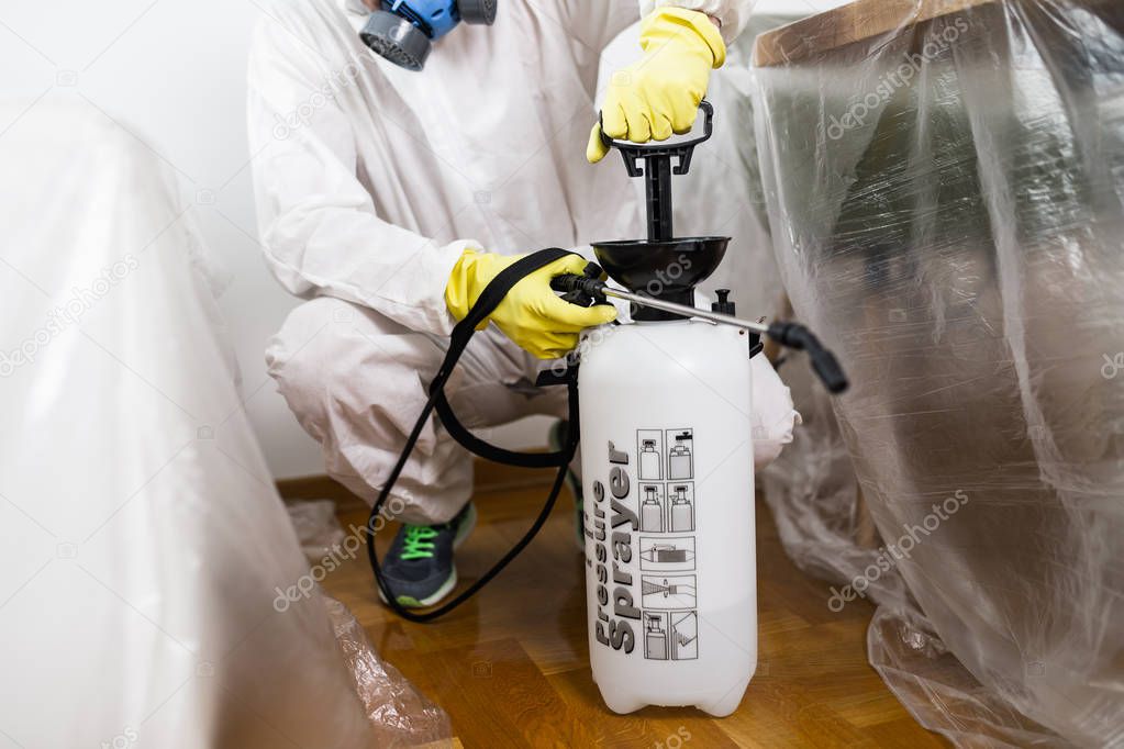 Exterminator in work wear spraying pesticide with sprayer. 
