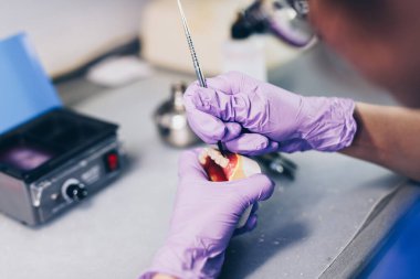 Diş protezi, takma dişler üzerinde çalışan kadın elleri. Seçici odak.