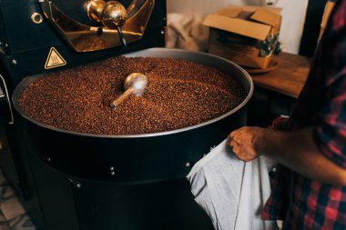 Modern kahve kızartma makinesinin üzerinde taze kavrulmuş aromatik kahve çekirdeklerini tutan adamın elleri..
