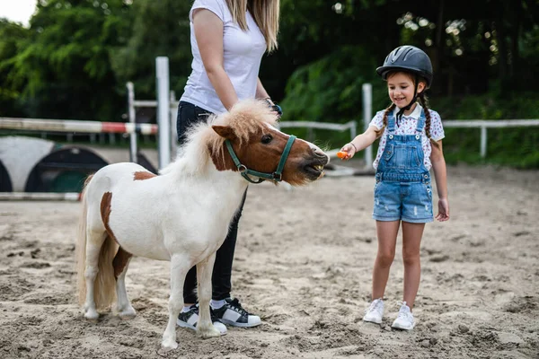 Roztomilé Holčička Její Starší Sestra Těší Pony Koni Venku Ranči — Stock fotografie