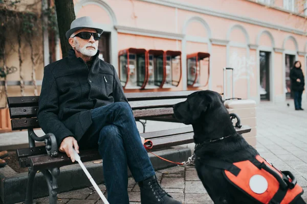 Olgun Kör Adam Rehber Köpeği Bankta Oturuyor — Stok fotoğraf