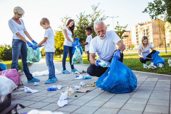 Volunteers Garbage Bags Cleaning Garbage Outdoors Ecology Concept Stock Photo