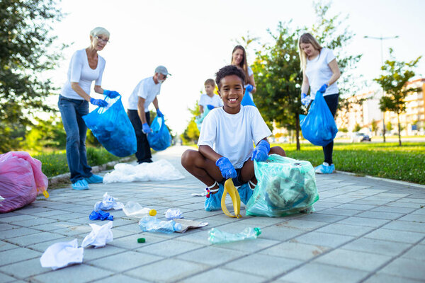 Volunteers Garbage Bags Cleaning Garbage Outdoors Ecology Concept Stock Image
