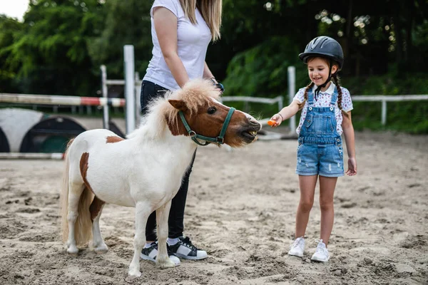 Cute Little Girl Her Older Sister Enjoying Pony Horse Outdoors Royalty Free Stock Photos