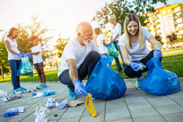 ゴミ袋を持つボランティアが屋外でゴミをきれいにする 生態学の概念 ストックフォト