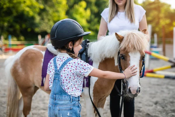 Cute Little Girl Her Older Sister Enjoying Pony Horse Outdoors Stock Photo