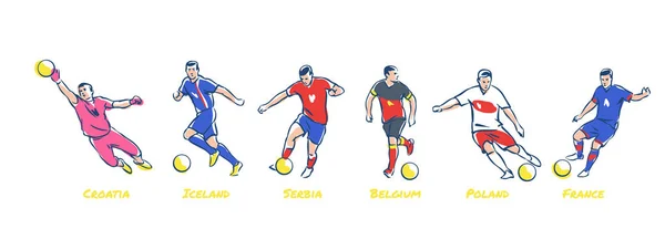 Les Joueurs Football Donnent Coup Pied Ballon Equipes Monde Football — Image vectorielle