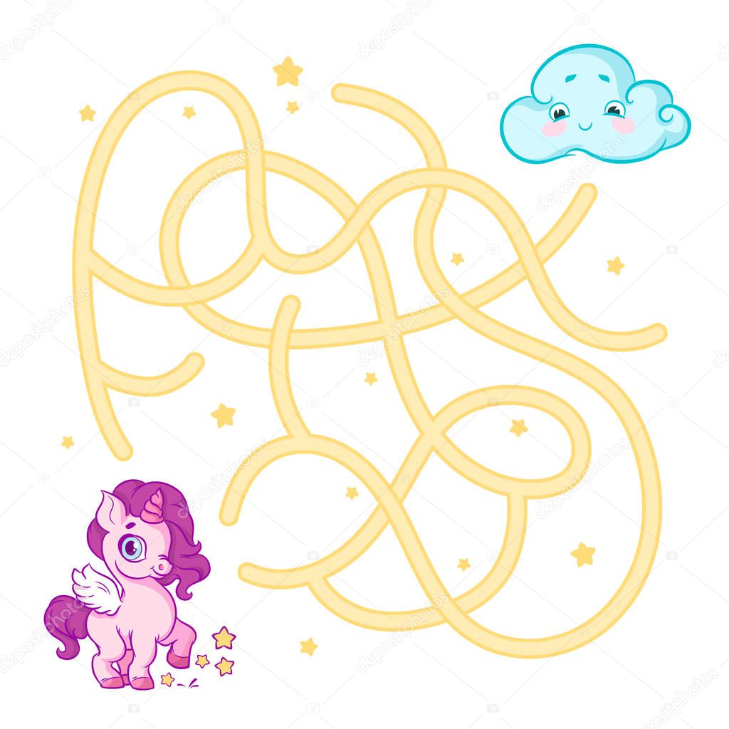 Help cute unicorn cub find the right path to cloud. Labyrinth. Maze game for kids. On white background.