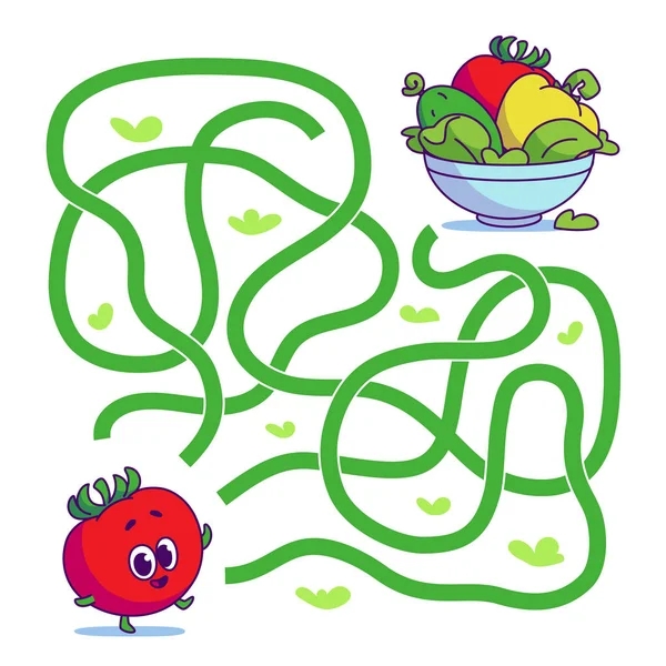 Ajude Tomate Bonito Encontrar Caminho Para Salada Labirinto Jogo Labirinto — Vetor de Stock