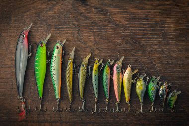 Farklı uzunlukta lures balıkçılık azalan sırada laid dışarı.