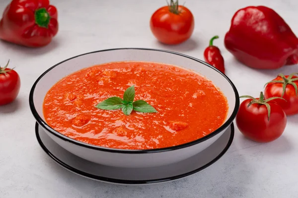 Primo Piano Piatto Zuppa Gazpacho Sfondo Chiaro — Foto Stock