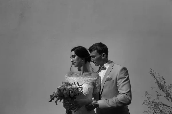 モノクロの背景に新婚夫婦の敏感な黒と白の肖像画 — ストック写真