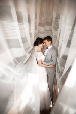 Genç çift düğün gününde kucaklamak