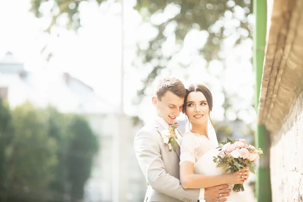 Vackert bröllop par man i kostym och fru i brudklänning posing nära tegelvägg. — Stockfoto