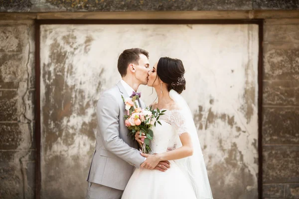 Красивая свадебная пара целуется у старой стены — стоковое фото
